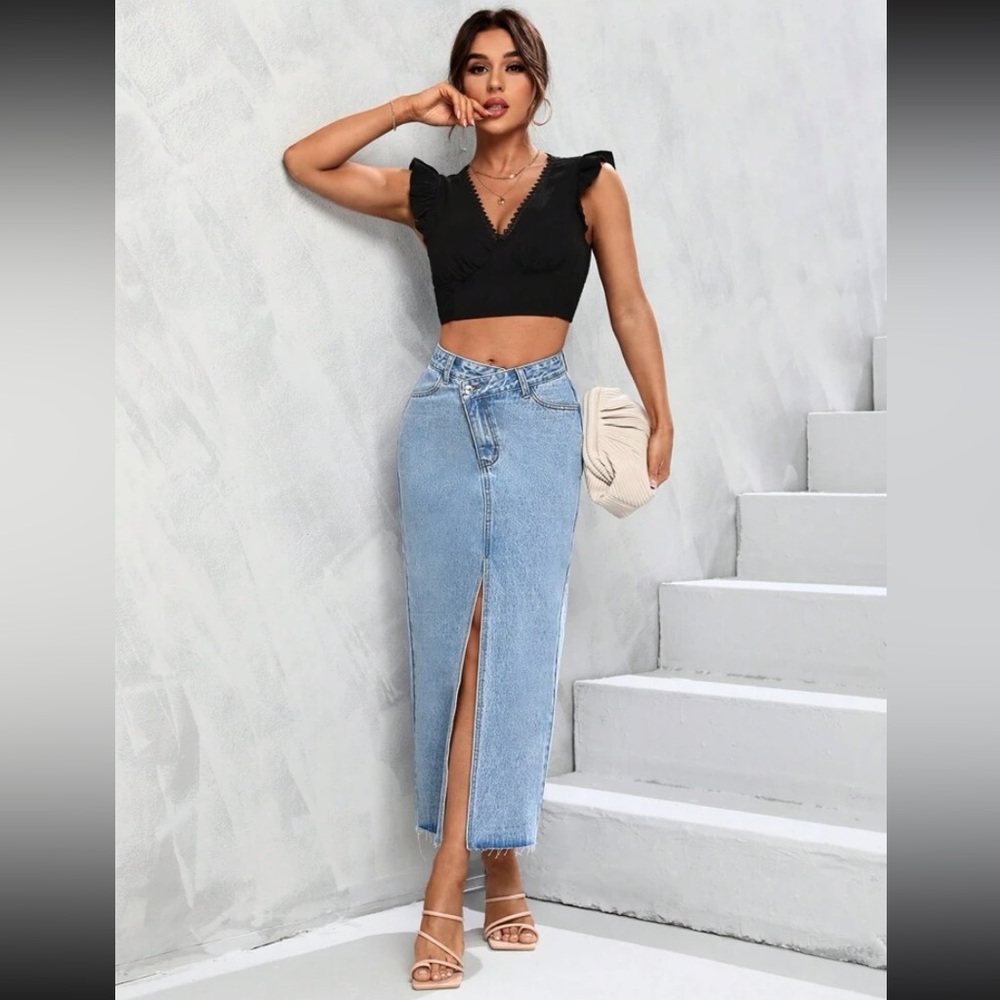 Tall Asymmetrical Waist Split Thigh Denim Skirt